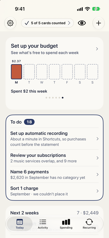 Plainsight's Today screen with made-up sample data: this week's spending and a to-do list